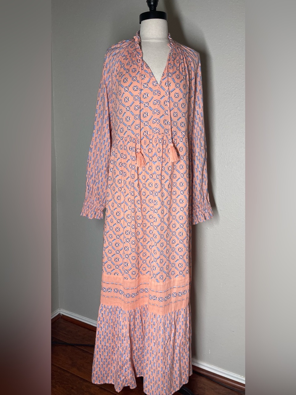 Wonderly Boho Geometric Tiered Maxi Dress Peach Blue Size L
